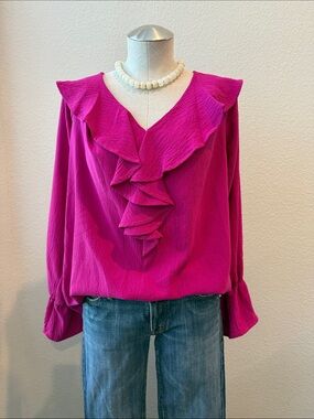 2Hearts (Made in the USA)  Magenta Ruffled V-Neck Long Sleeve Blouse